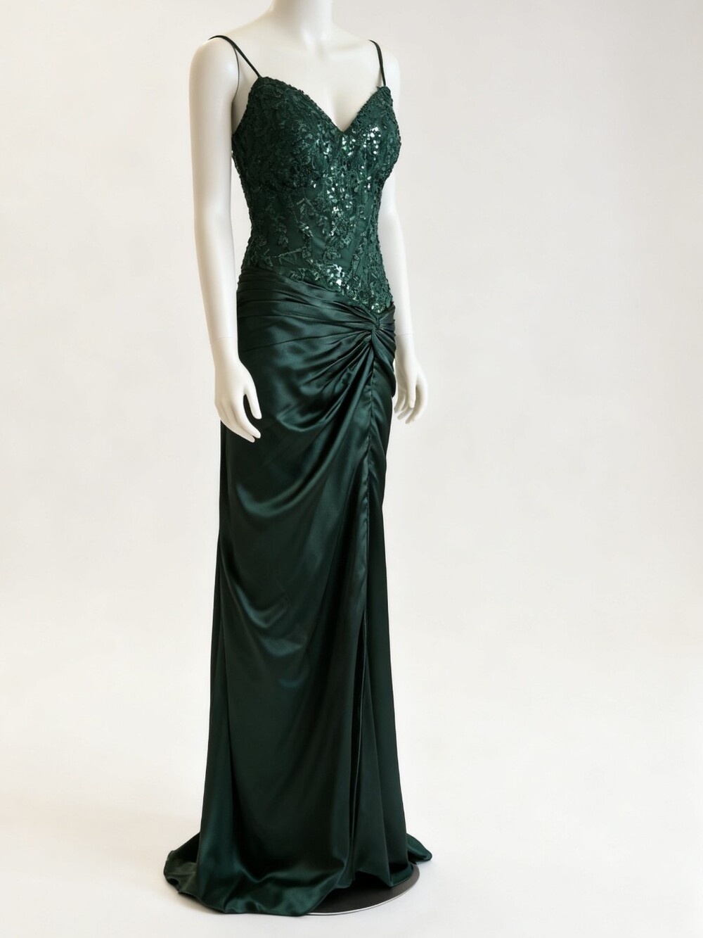 Strapless Dark Green Lace & Satin Evening Dress